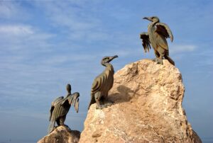 Cormorant bird sculpture on the promenade at Morecambe Bay, a coastal resort in Lancashire, England.