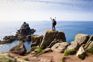 Made it! Excitement at reading Land's End after hiking the South West Coast Path, Cornwall