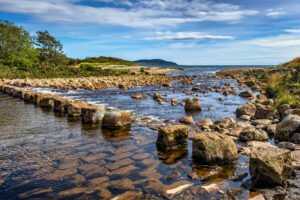 Stepping stones near the Dougarie Estate boathouse on the Isle of Arran, Scotland.
