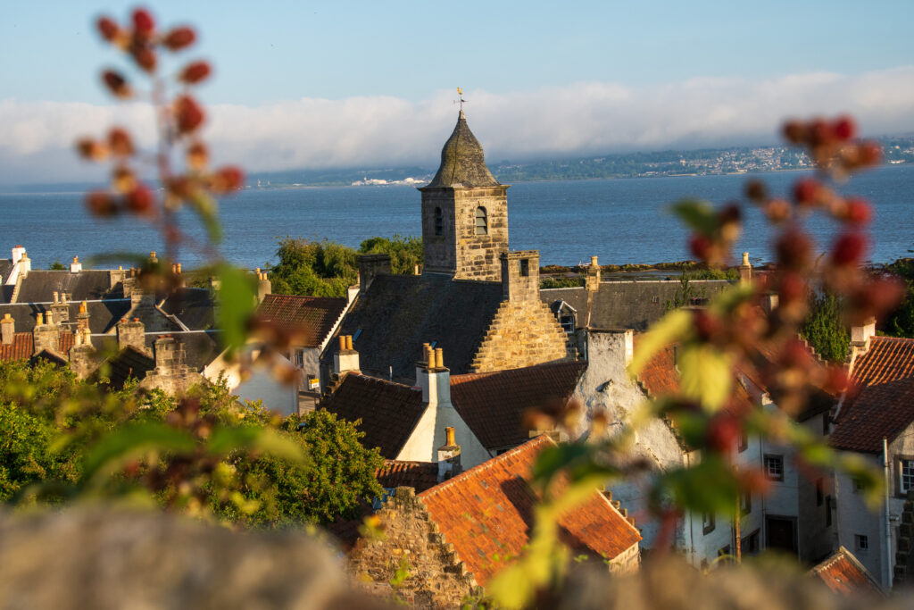 Light shines on Culross, a town on the Fife Coast Path Scotland